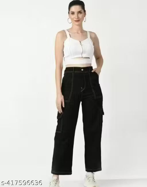 Pretty Glamorous Black Cargo Denim Women’s Jeans with Stylish Applique