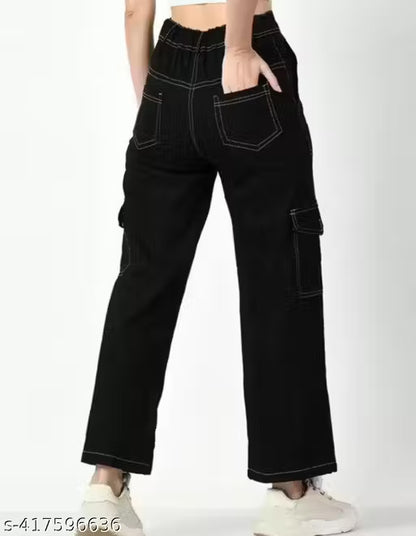 Pretty Glamorous Black Cargo Denim Women’s Jeans with Stylish Applique