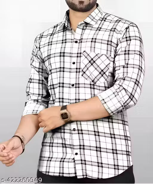 Mens White Trendy Formal & Casual Checked Shirt – Cotton Blend