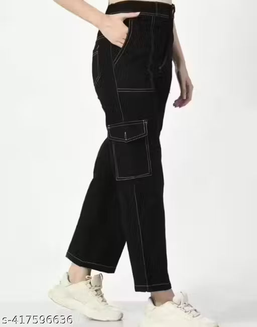 Pretty Glamorous Black Cargo Denim Women’s Jeans with Stylish Applique