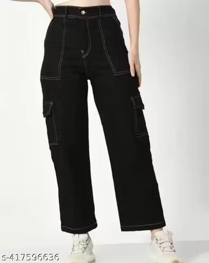 Pretty Glamorous Black Cargo Denim Women’s Jeans with Stylish Applique